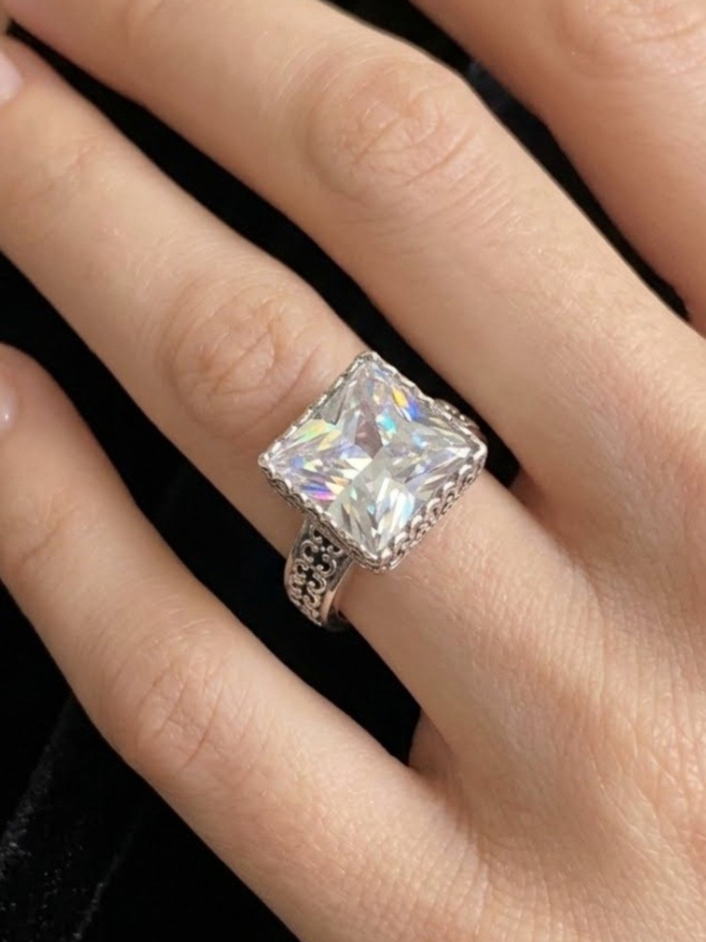 Vintage Israel 925 Sterling Silver Princess Cut CZ Filigree Ring Statement Boho